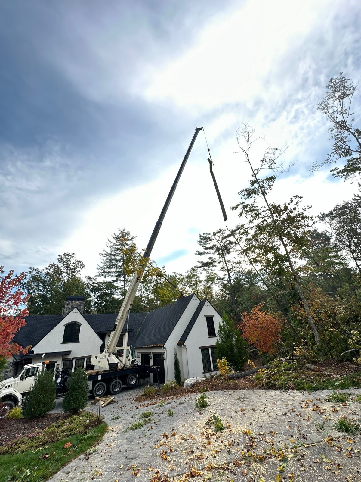 Crew and crane on site. Crane Work by Oak City Tree Services in Raleigh, NC.
